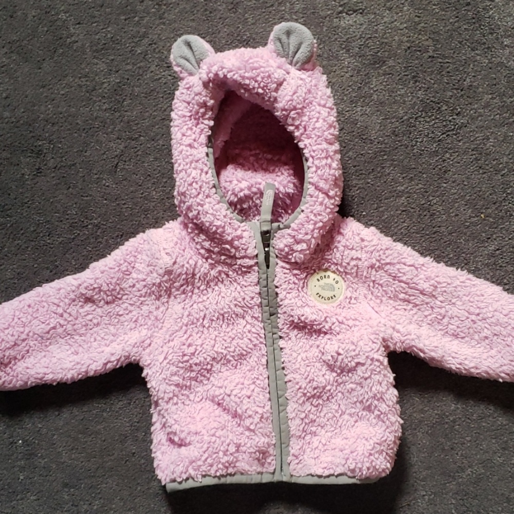 The North Face pink fuzzy jacket size 3-6 month